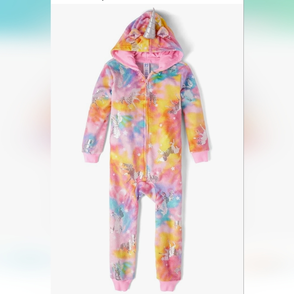 PJ Place Place Pink and Orange Tie Dye One Piece Unicorm Pajamas EUC Sz 5/6